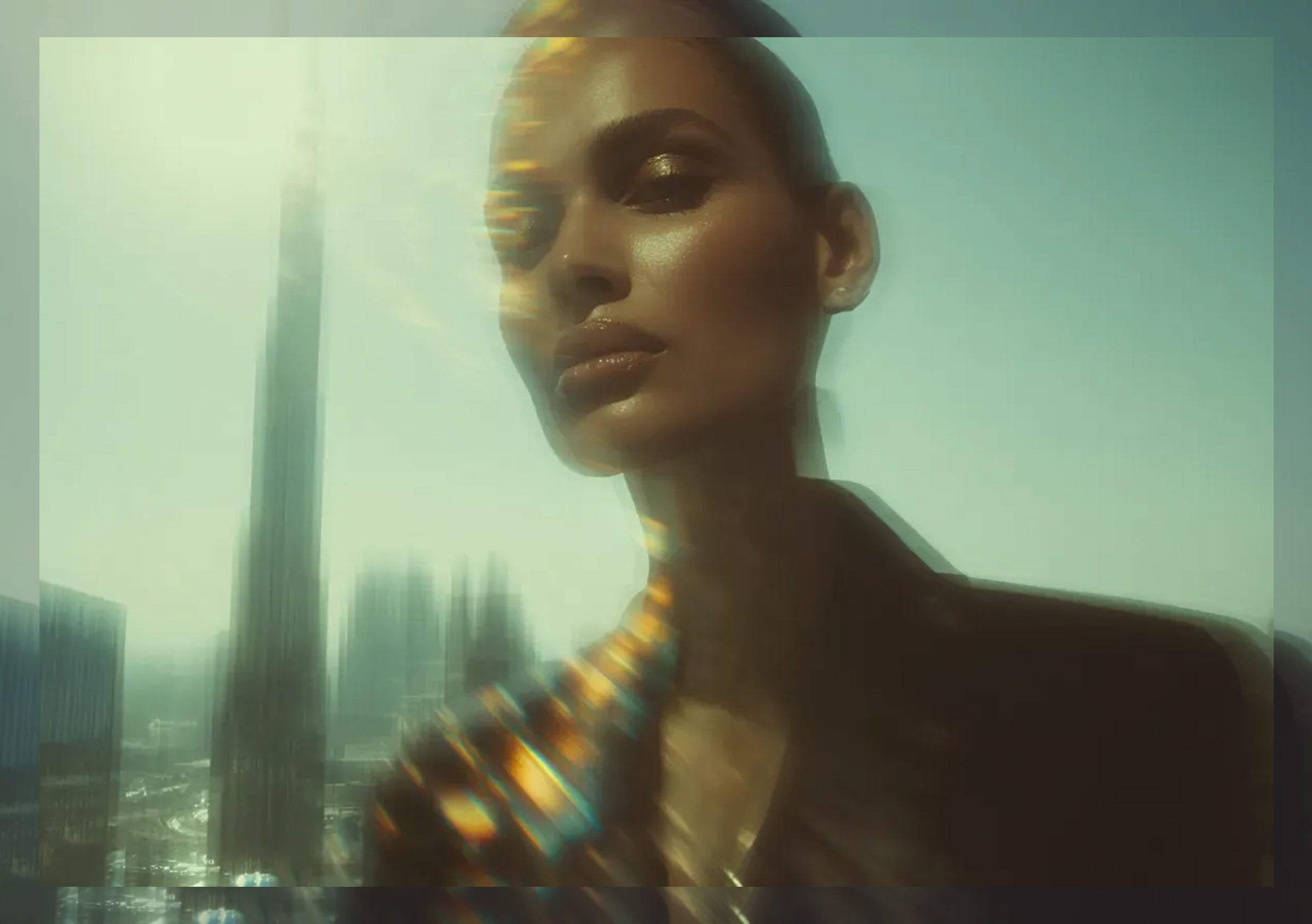 Model wearing jewelry in Dubai skyline