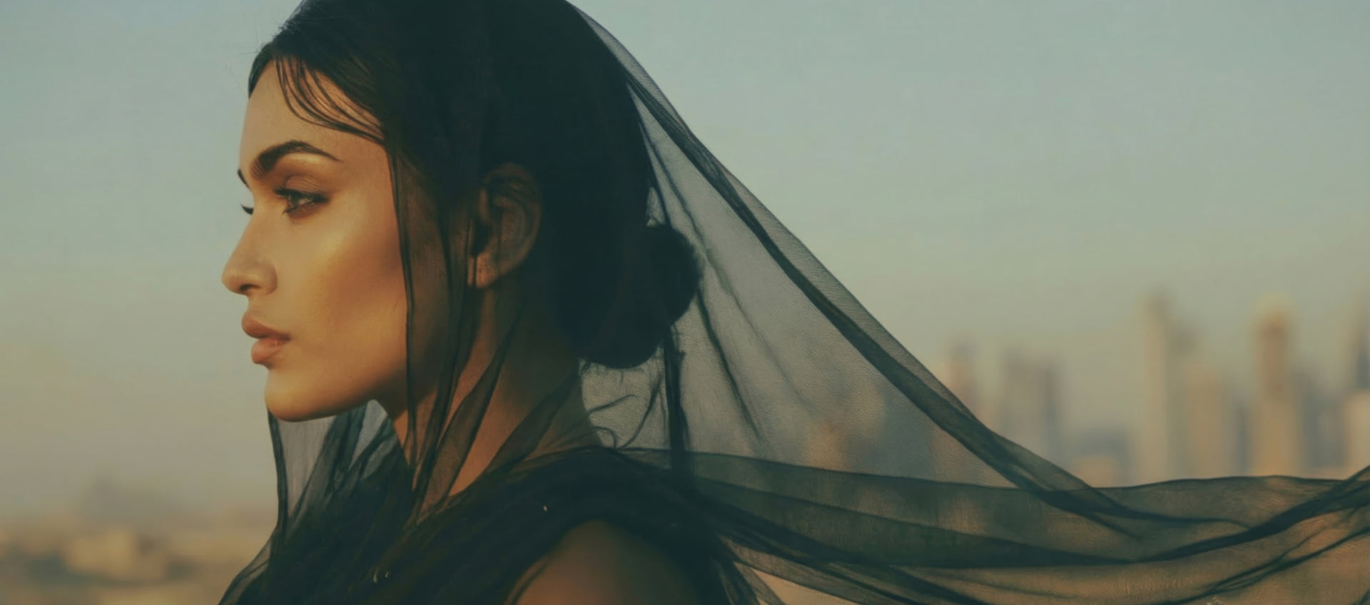 Model wearing jewelry in Dubai skyline