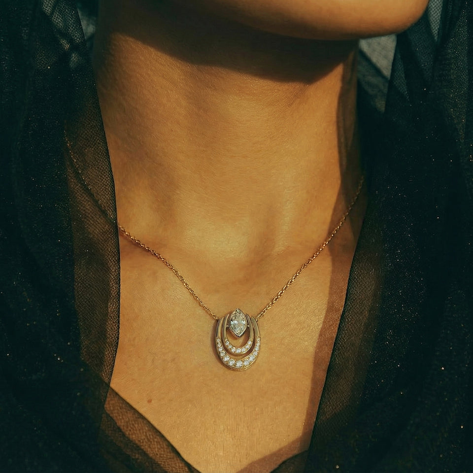 Model wearing jewelry in Dubai skyline
