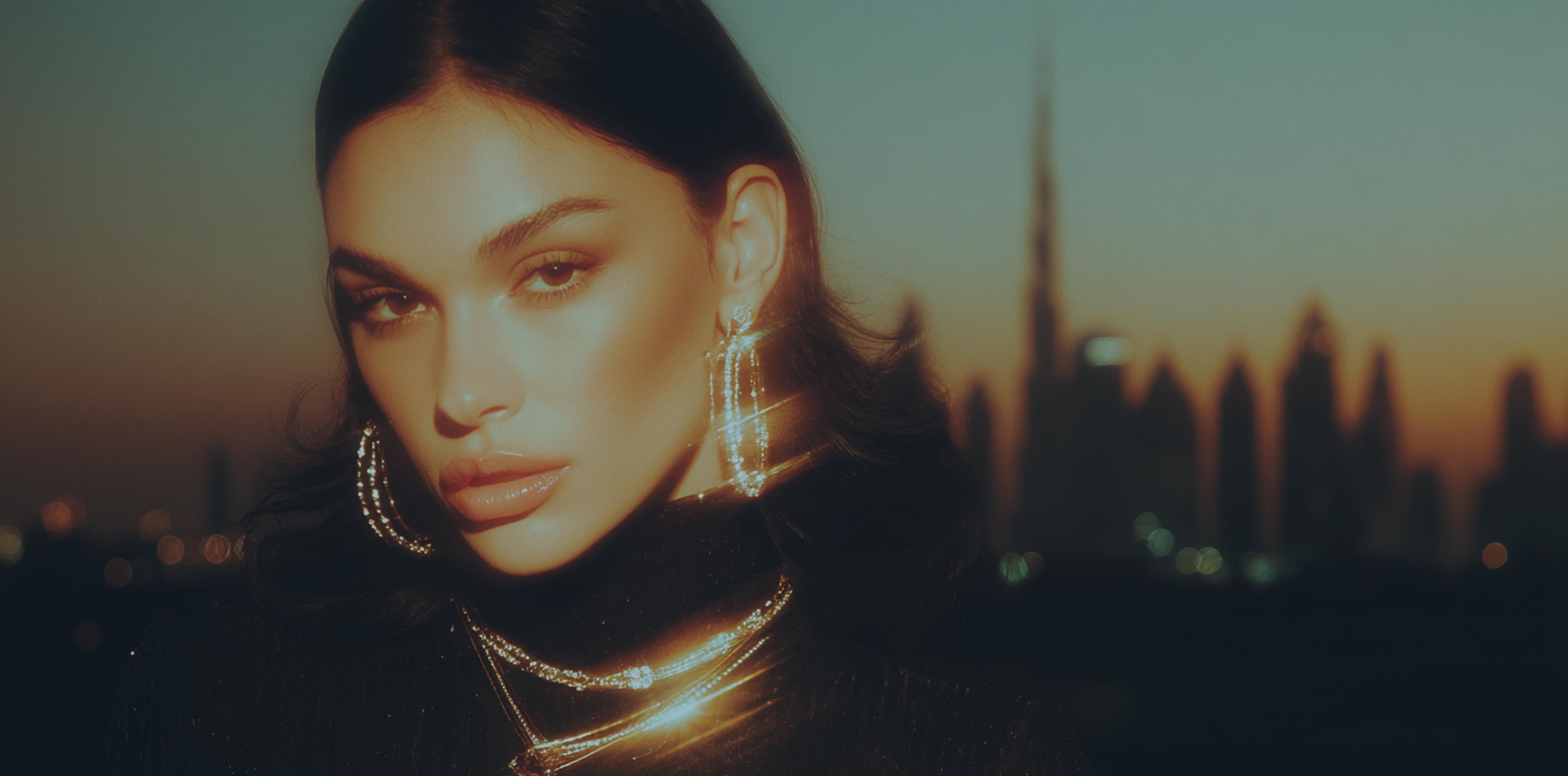 Model wearing jewelry in Dubai skyline
