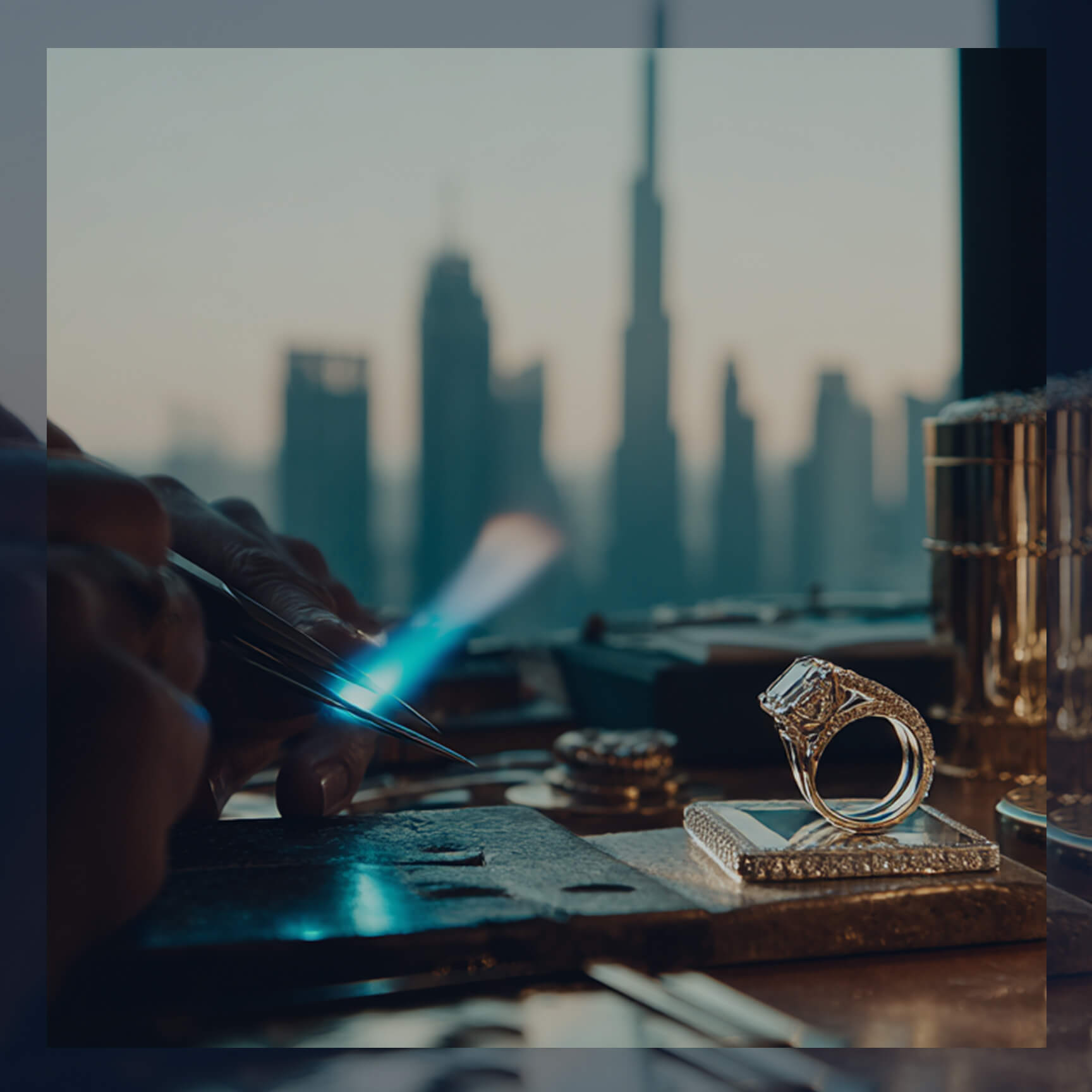 Model wearing jewelry in Dubai skyline