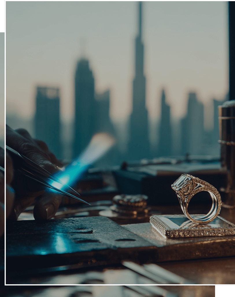 Model wearing jewelry in Dubai skyline