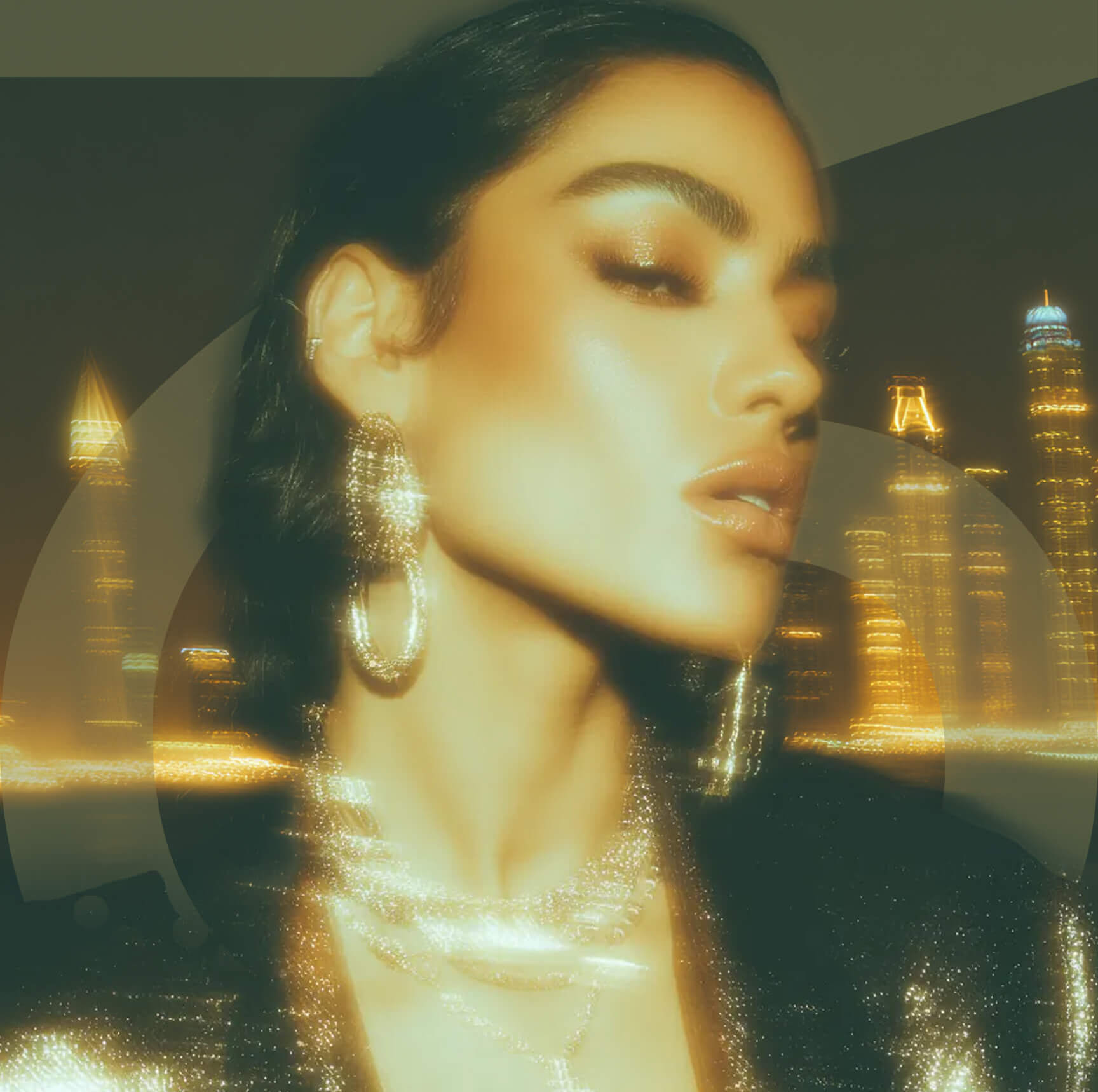 Model wearing jewelry in Dubai skyline